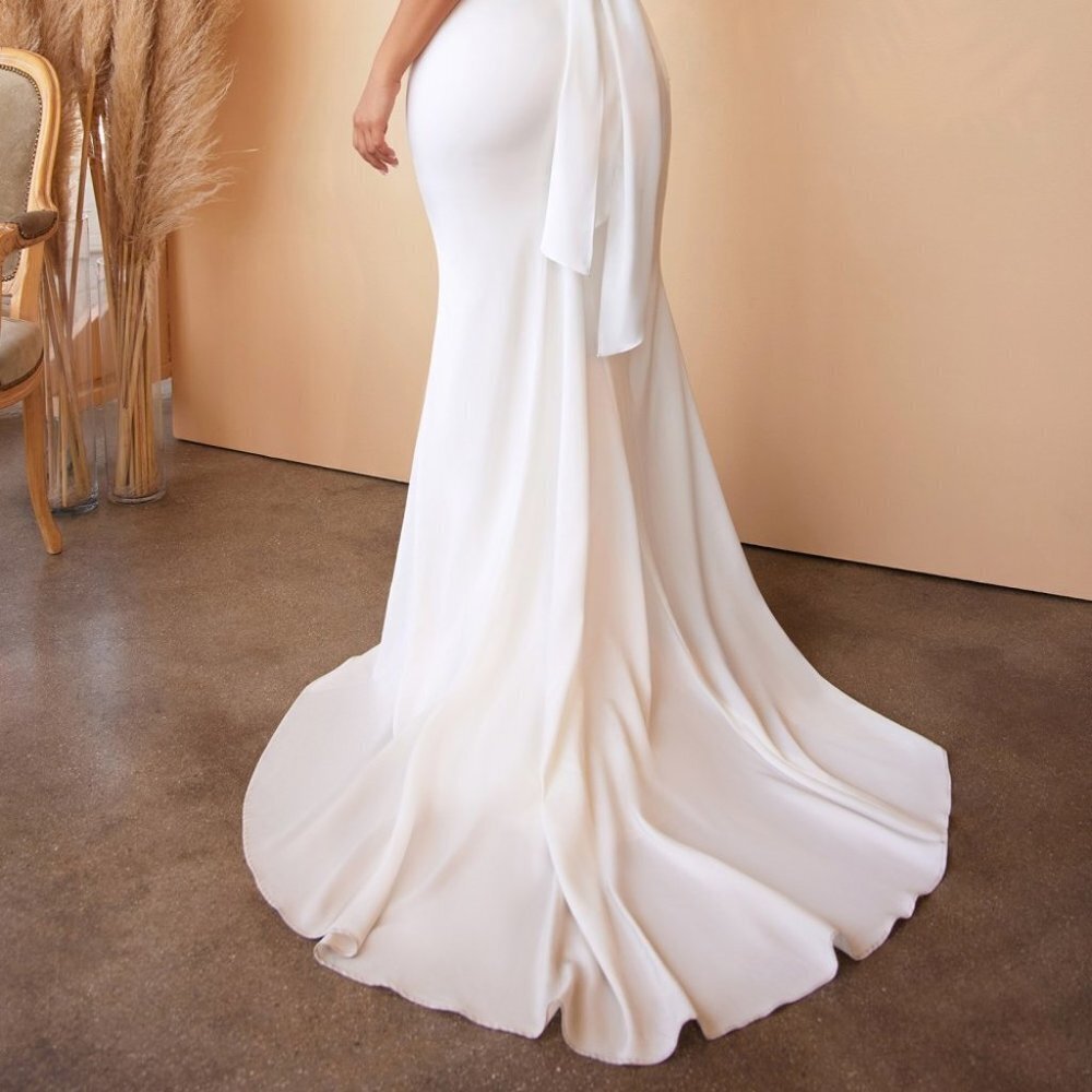 NEW WHITE LONG OFF THE SHOULDER SLEEVELESS MERMAID DRESS WITH TIE-BACK CD 7487W - Picture 8 of 8